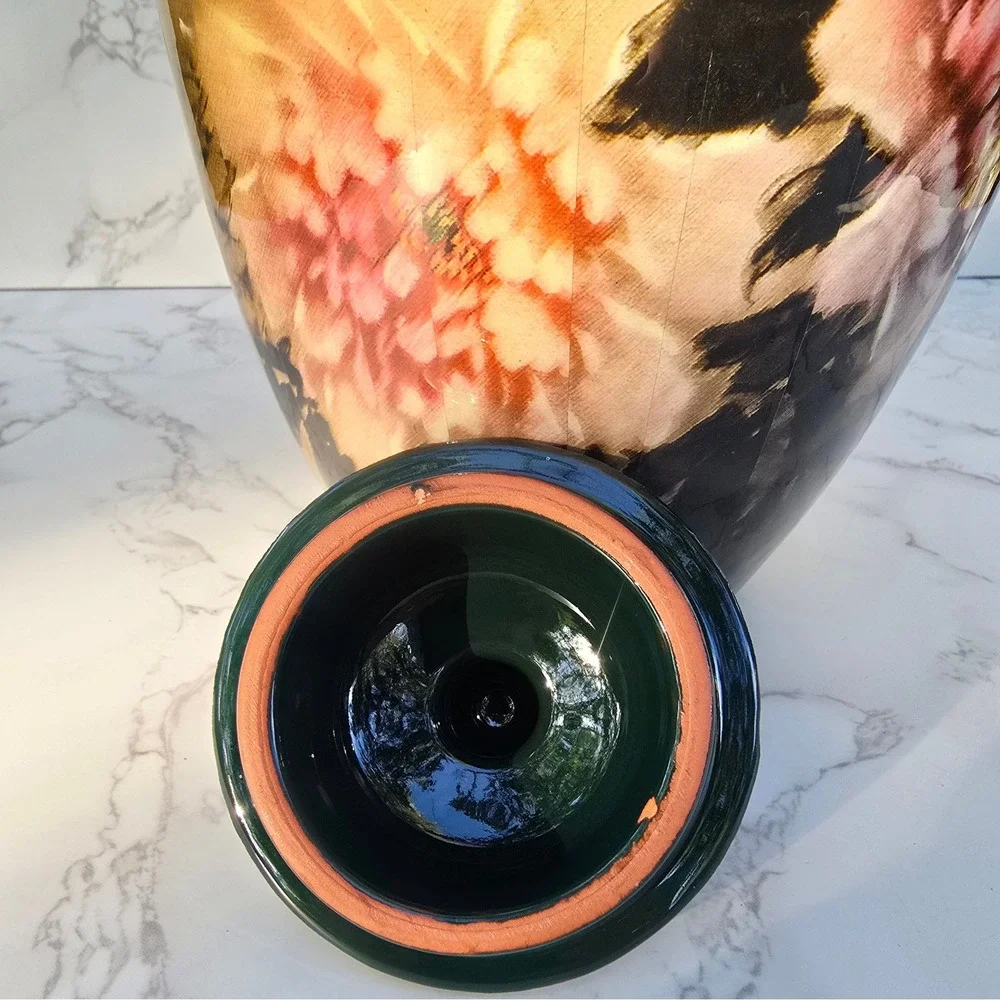 Vintage Peony  Large Floral Ceramic Ginger Jar Yellow Pink Vase Lid
